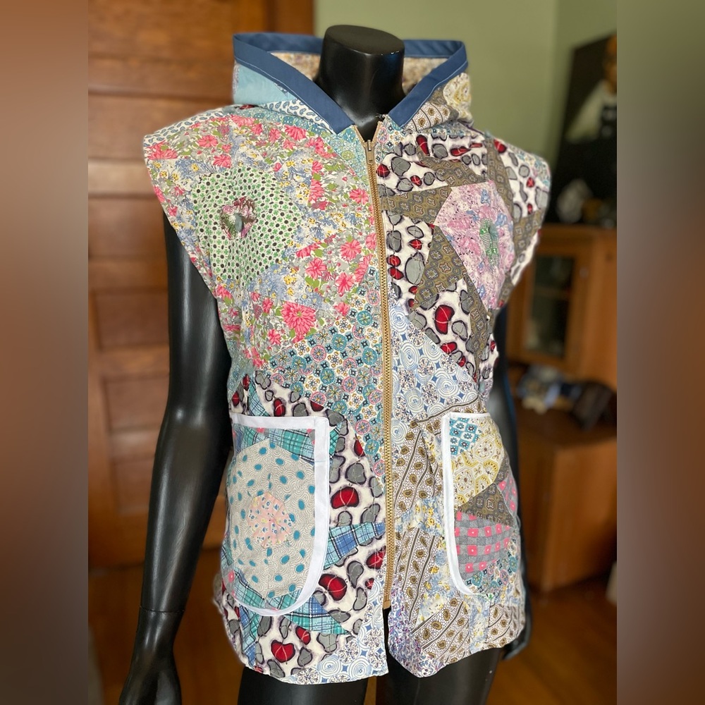 Vintage feedback quilt vest handmade slow fashion reclaimed textile cottage core